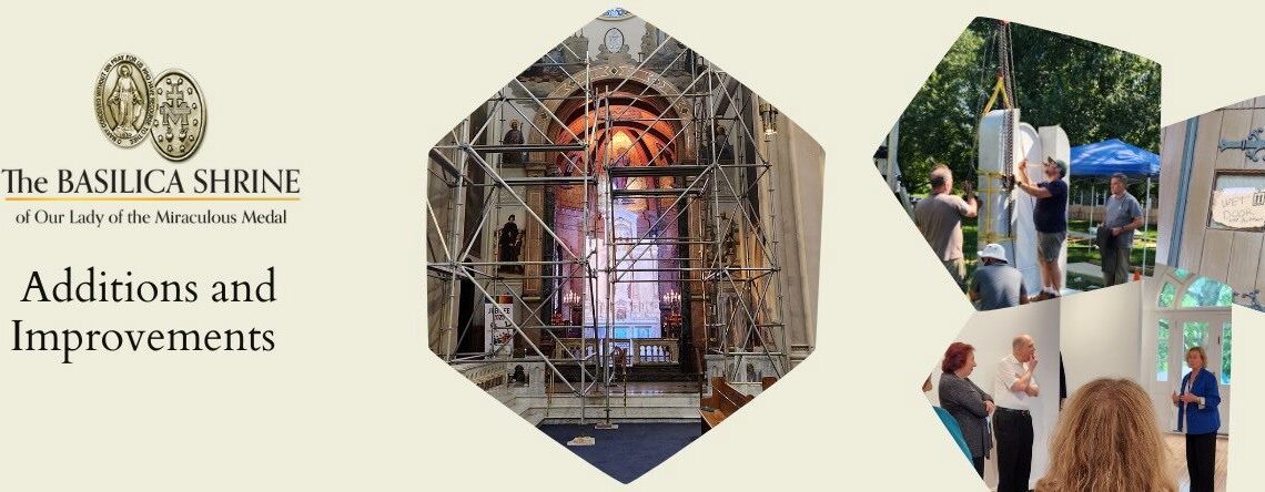 Scaffolding at Mary's Shrine, installation of Our Lady of Kibeho Shrine, a freshly painted door, and people seeing a new museum space