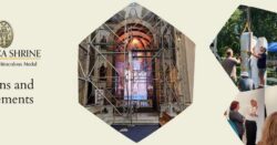 Scaffolding at Mary's Shrine, installation of Our Lady of Kibeho Shrine, a freshly painted door, and people seeing a new museum space