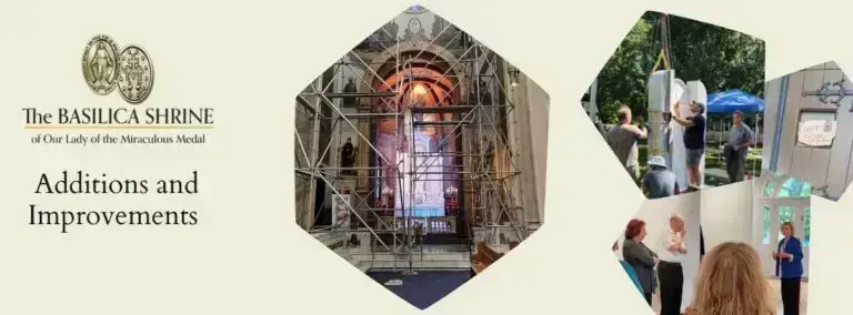 Scaffolding at Mary's Shrine, installation of Our Lady of Kibeho Shrine, a freshly painted door, and people seeing a new museum space