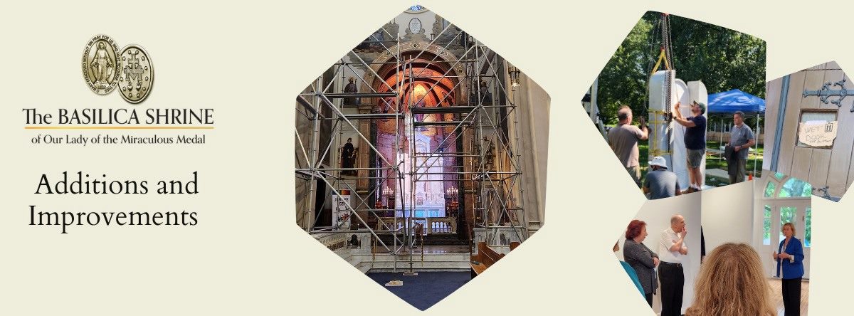 Scaffolding at Mary's Shrine, installation of Our Lady of Kibeho Shrine, a freshly painted door, and people seeing a new museum space