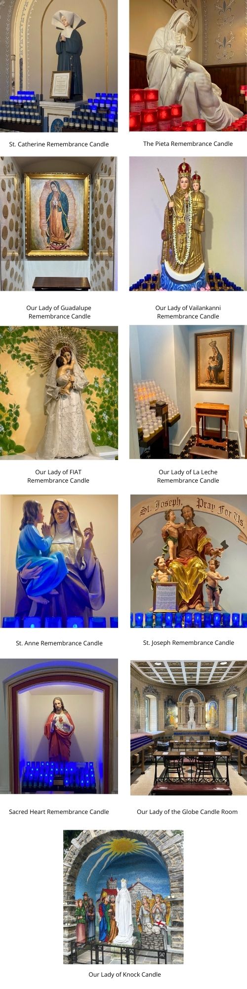 Various shrines in the Basilica Shrine of Our Lady of the Miraculous Medal including St. Catherine and Our Lady of the Globe.