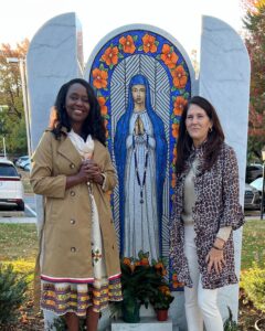 Immaculee Ilibagiza and Kathy Hamilton in front of the Our Lady of Kibeho Shrine