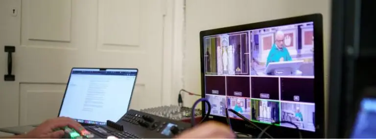 Laptop featuring different camera images from the Perpetual Novena Livestream